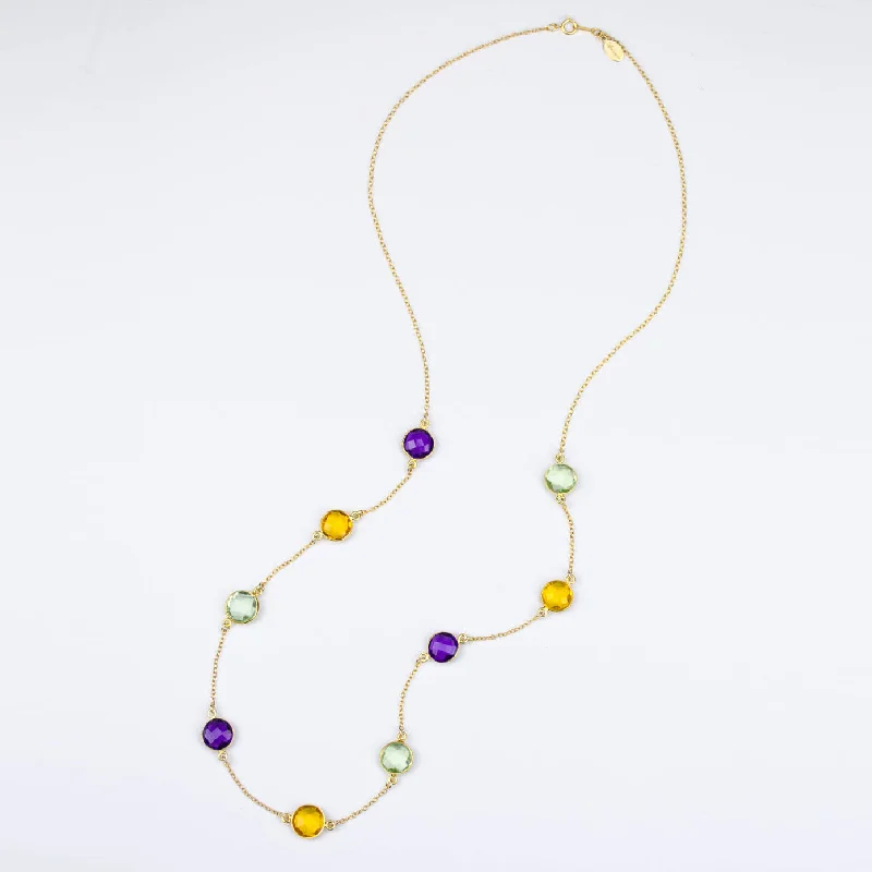 Ladies diamond-studded necklaces-Long Purple Amethyst, Citrine, Green Amethyst bezel station necklace