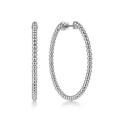 Ladies statement gemstone earrings-14K White Gold Beaded 40mm Round Classic Hoop Earrings