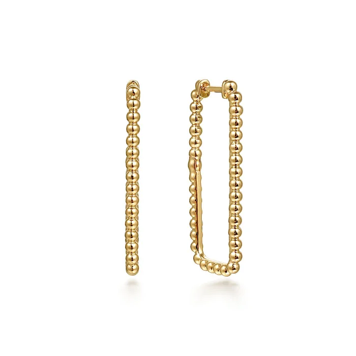 Ladies cocktail earrings-14K Yellow Plain Gold Bujukan Beads 30mm Rectangle Hoop Earrings