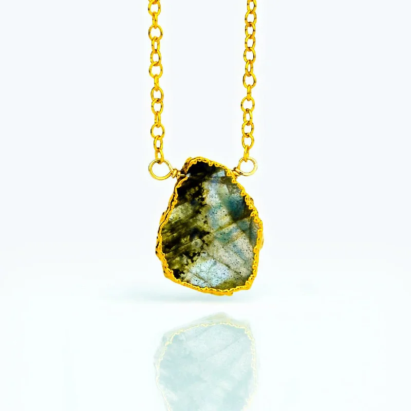 Ladies family birthstone necklaces-Natural Labradorite Slice Necklace with Organic Profile