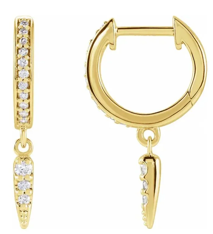 Ladies birthday earrings-Diamond Spike 14k Gold Hinged Dangle Hoop Earrings