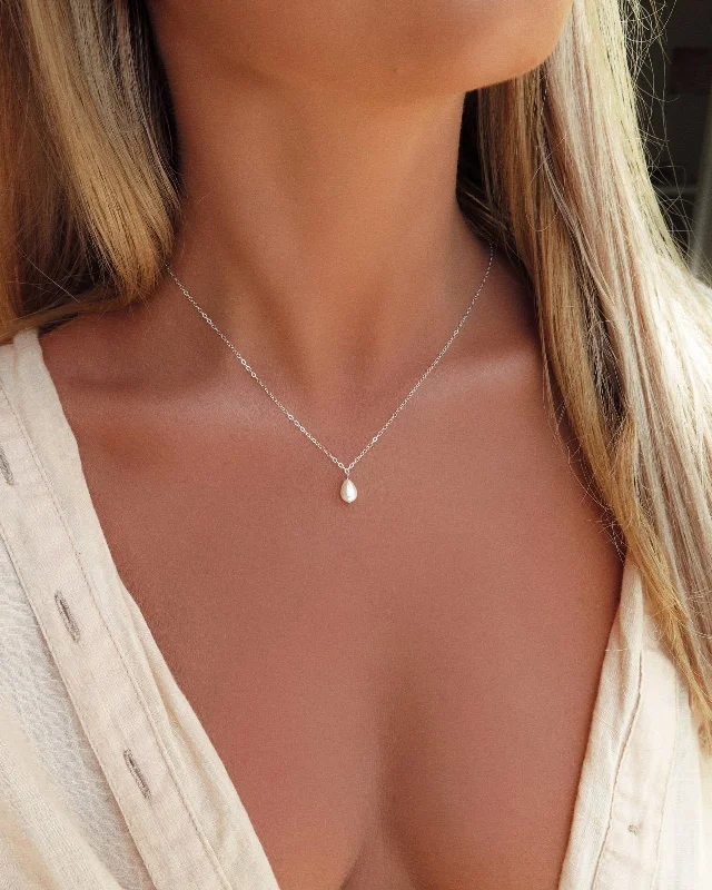 Ladies moon necklaces-Teardrop Freshwater Pearl Necklace  - Sterling Silver