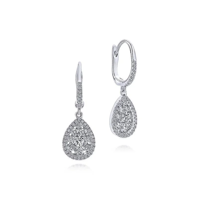 Ladies hoop earrings-14K White Gold Cluster Diamond Teardrop Earrings