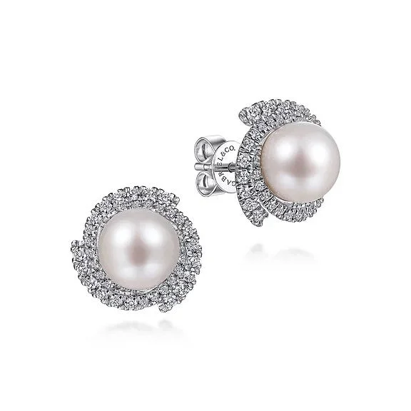 Ladies diamond stud earrings-14K White Gold Round Cultured Pearl Swirling Diamond Halo Stud Earrings