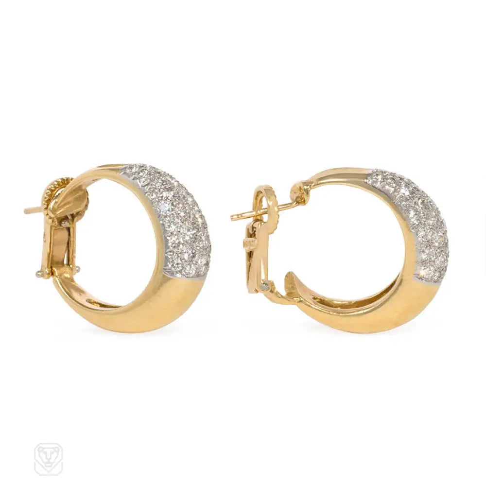 Ladies vintage diamond earrings-Gold and diamond tapered hoop earrings