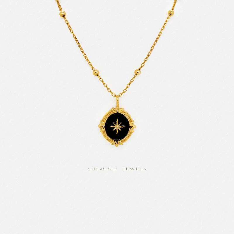 Ladies modern necklaces-Vintage Star Oval Necklace, Silver or Gold Plated (17.5") SHEMISLI - SN035