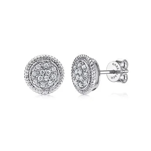 Ladies simple stud earrings-14K White Gold Round Diamond Cluster Stud Earrings with Twisted Rope Frame