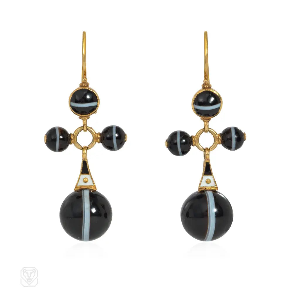 Ladies long dangling earrings-Antique gold, banded agate, and enamel earrings