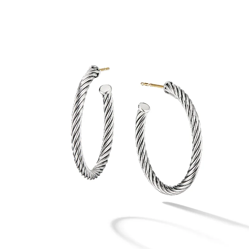 Ladies heart-shaped earrings-Cable Hoop Earrings in Sterling Silver\, 1in