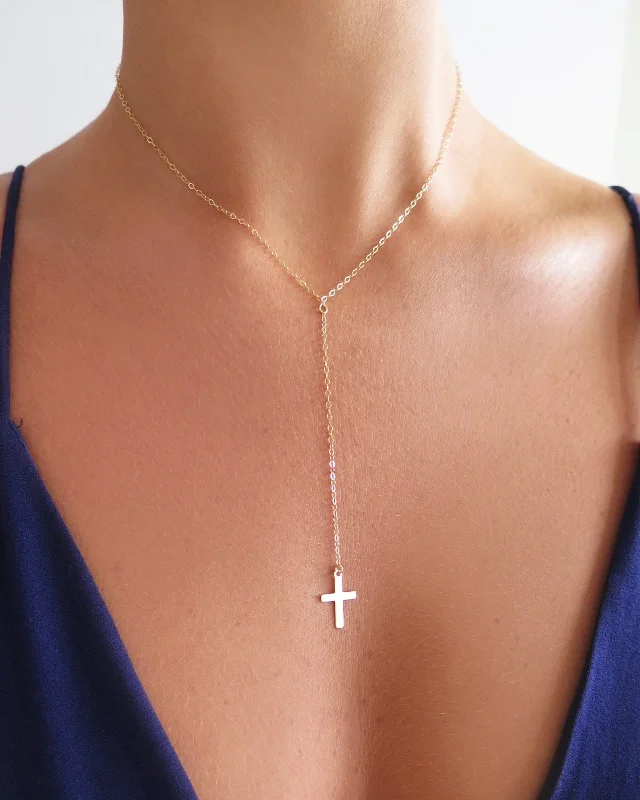 Ladies adjustable necklaces-Cross Drop Necklace  - 14k Yellow Gold Fill