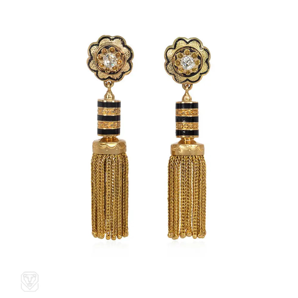 Ladies colorful drop earrings-Antique French gold, diamond, and enamel tassel earrings