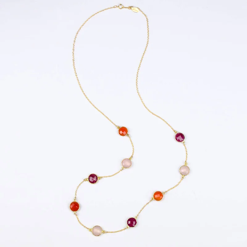 Ladies gold coin necklaces-Long Ruby, Carnelian, Pink Quartz bezel station necklace