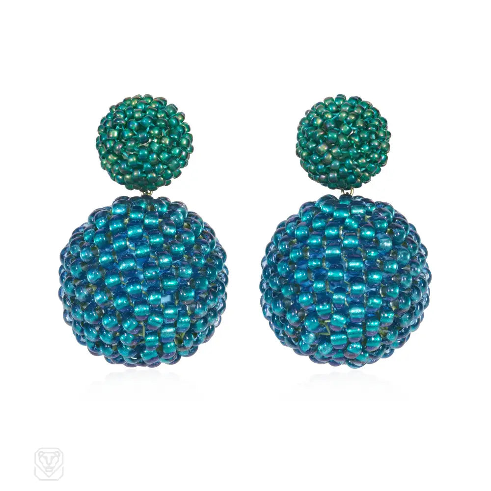 Ladies enamel earrings-Handmade iridescent green and "water blue" glass beaded ball earrings