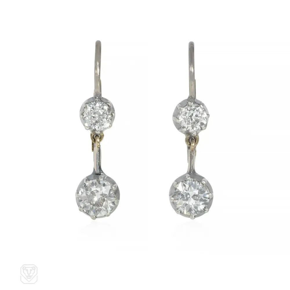 Ladies multi-stone earrings-Antique two-stone diamond dormeuse earrings