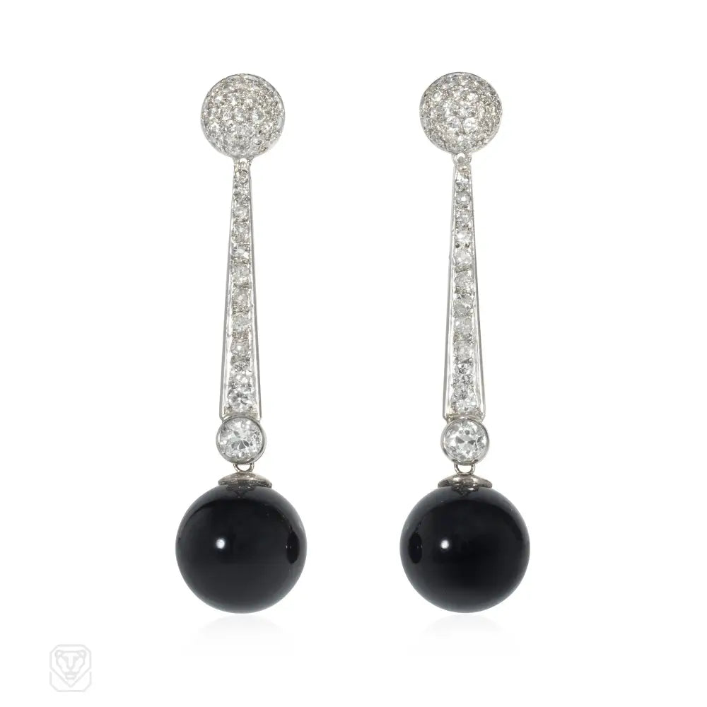 Ladies gold earrings-French Art Deco onyx and diamond earrings