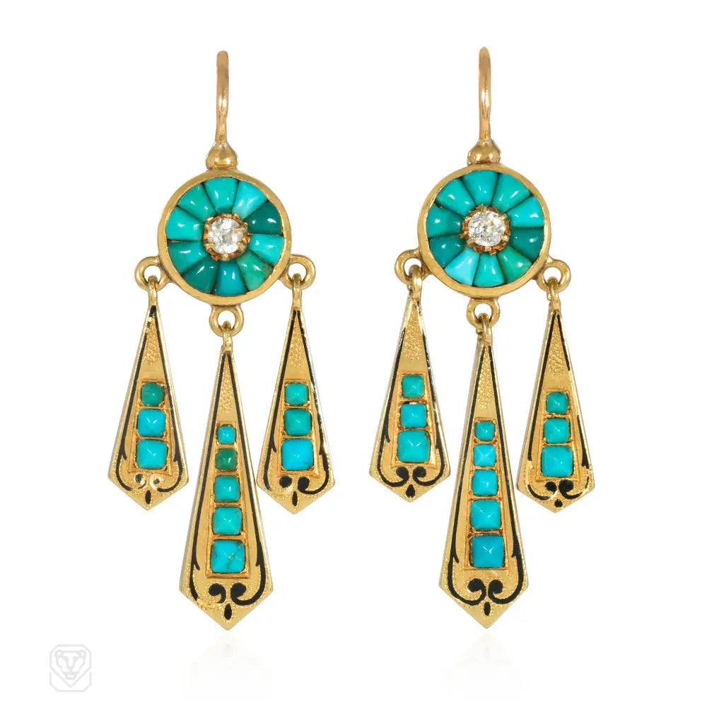 Ladies small stud earrings-Antique gold, turquoise, and diamond girandole style earrings