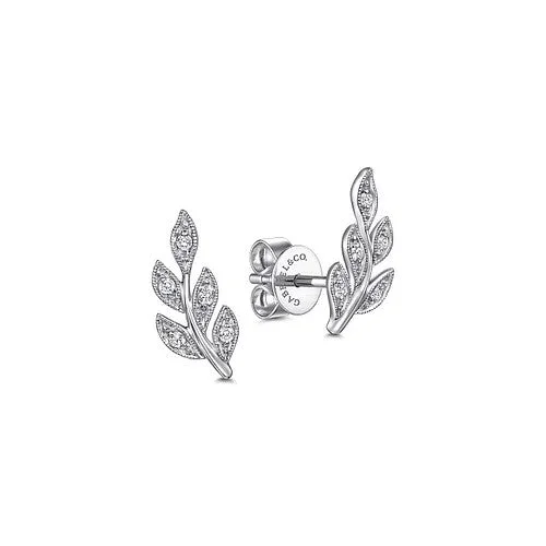 Ladies antique earrings-14K White Gold Diamond Leaf Stud Earrings