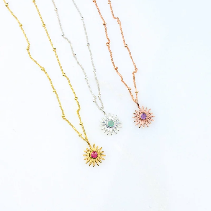 Ladies emerald necklaces-Tiny Sun Burst Necklace, Birthstone Sunshine Pendant [3mm]