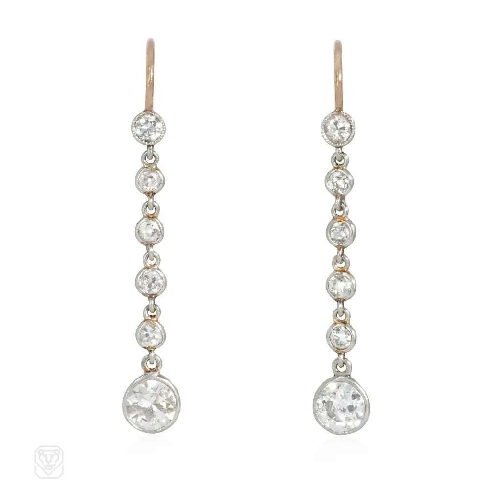 Ladies classic gold earrings-Edwardian diamond, platinum, and gold pendant earrings