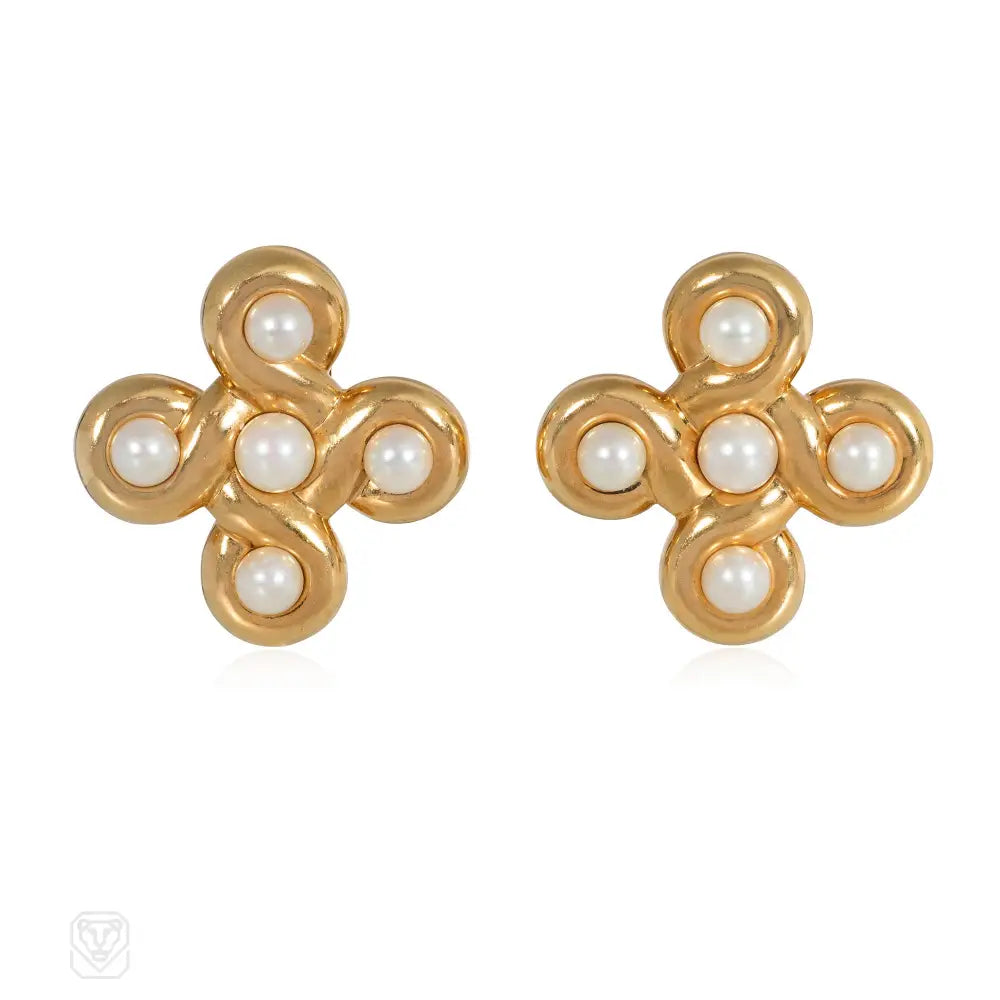 Ladies wedding earrings-Chanel Paris estate gold and pearl earrings