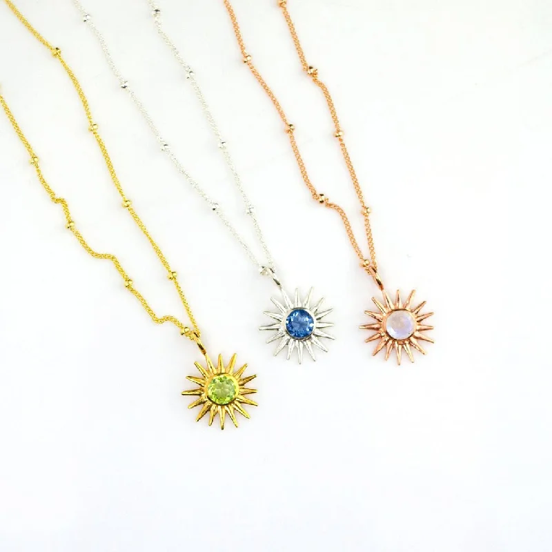 Ladies birthstone pendant necklaces-Sun Burst Necklace, Birthstone Sunshine Pendant [5mm]