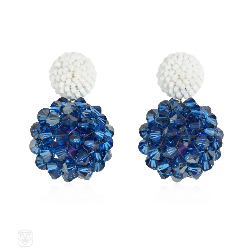 Ladies bohemian-style earrings-Glass and crystal beaded ball earrings in white and satin blue