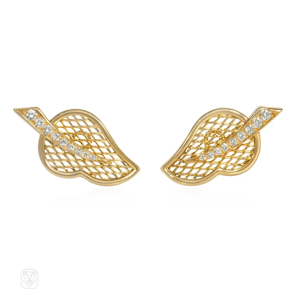 Ladies diamond drop earrings-1980s Van Cleef & Arpels diamond and gold leaf earrings