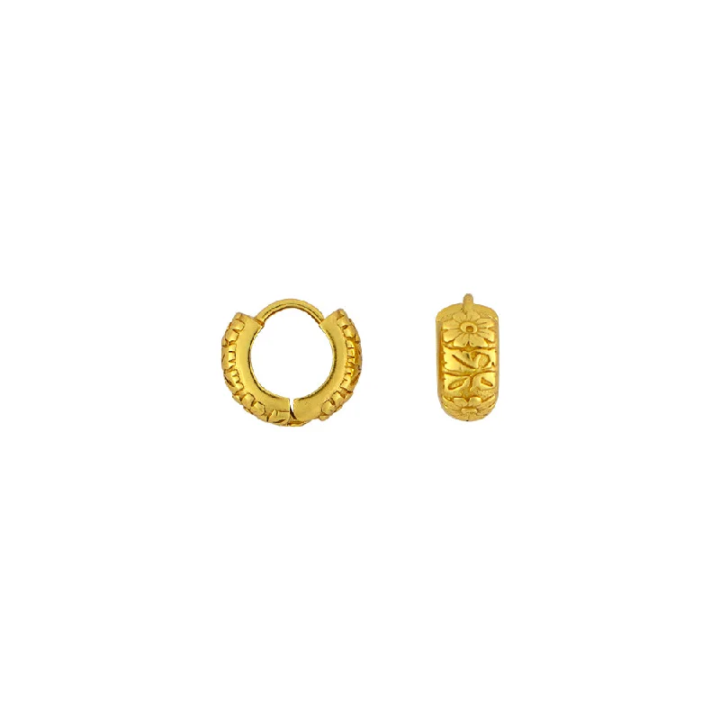 Ladies hoop and stud earrings-Carved Floral Clicker Huggies in Gold