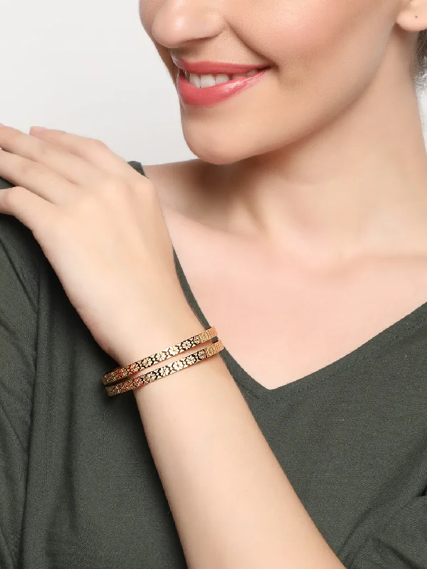 Ladies simple gold bracelets-Gold Plated Gold Leaf Design Set Of 2 Bangle Set