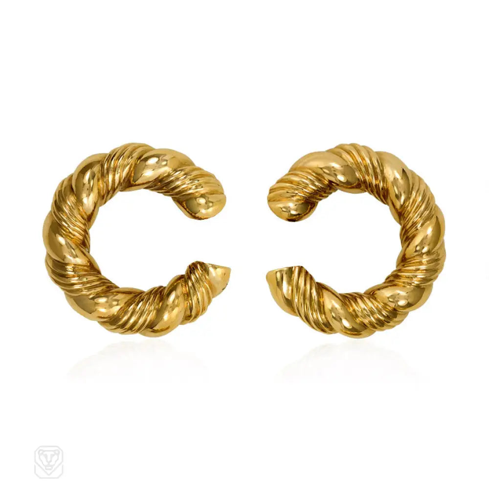 Ladies enamel earrings-Van Cleef & Arpels, France estate gold hoop earrings