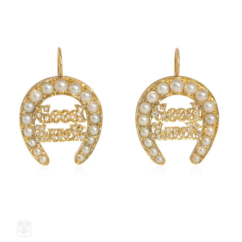 Ladies gold chandelier earrings-Antique gold, pearl, and diamond horseshoe motif earrings