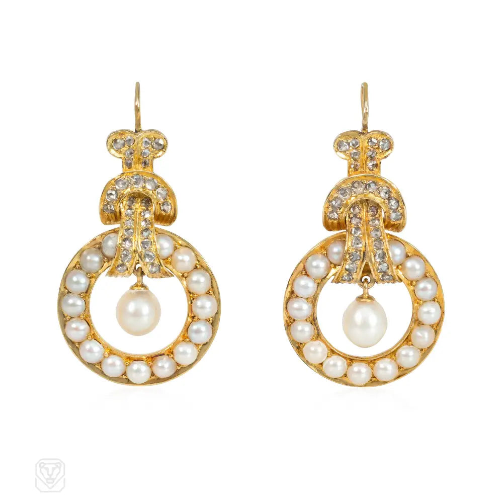 Ladies sapphire earrings-Antique circular pearl and diamond pendant earrings