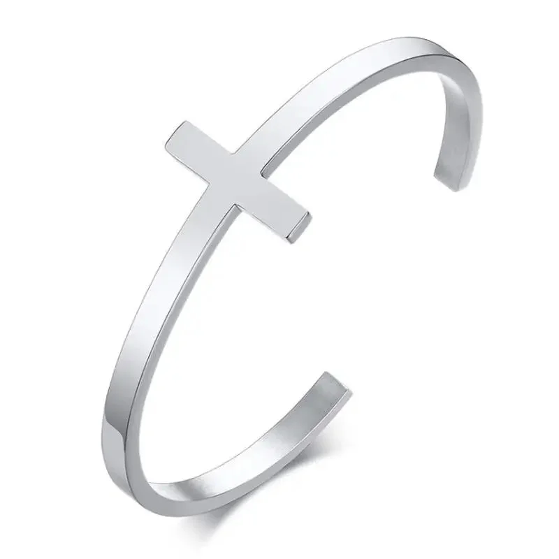 Ladies boho-chic bracelets-Stainless Steel Elegant Ladies Cross Bangle