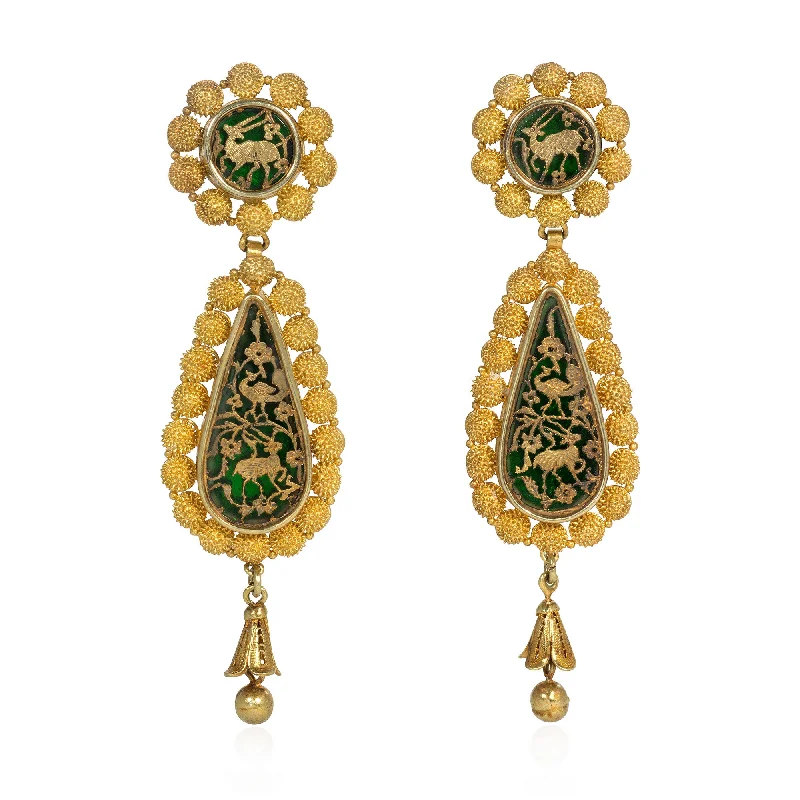 Ladies chunky earrings-Antique green glass and gold naturalistic scene pendant earrings