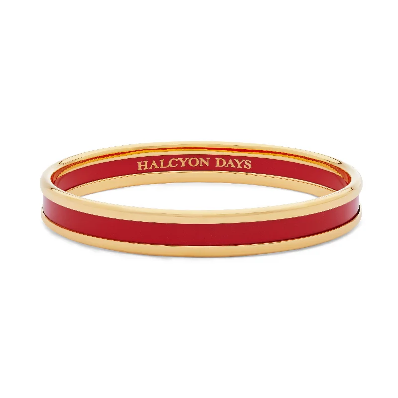 Ladies silver cuff bracelets-Skinny Red & Gold Enamel Bangle