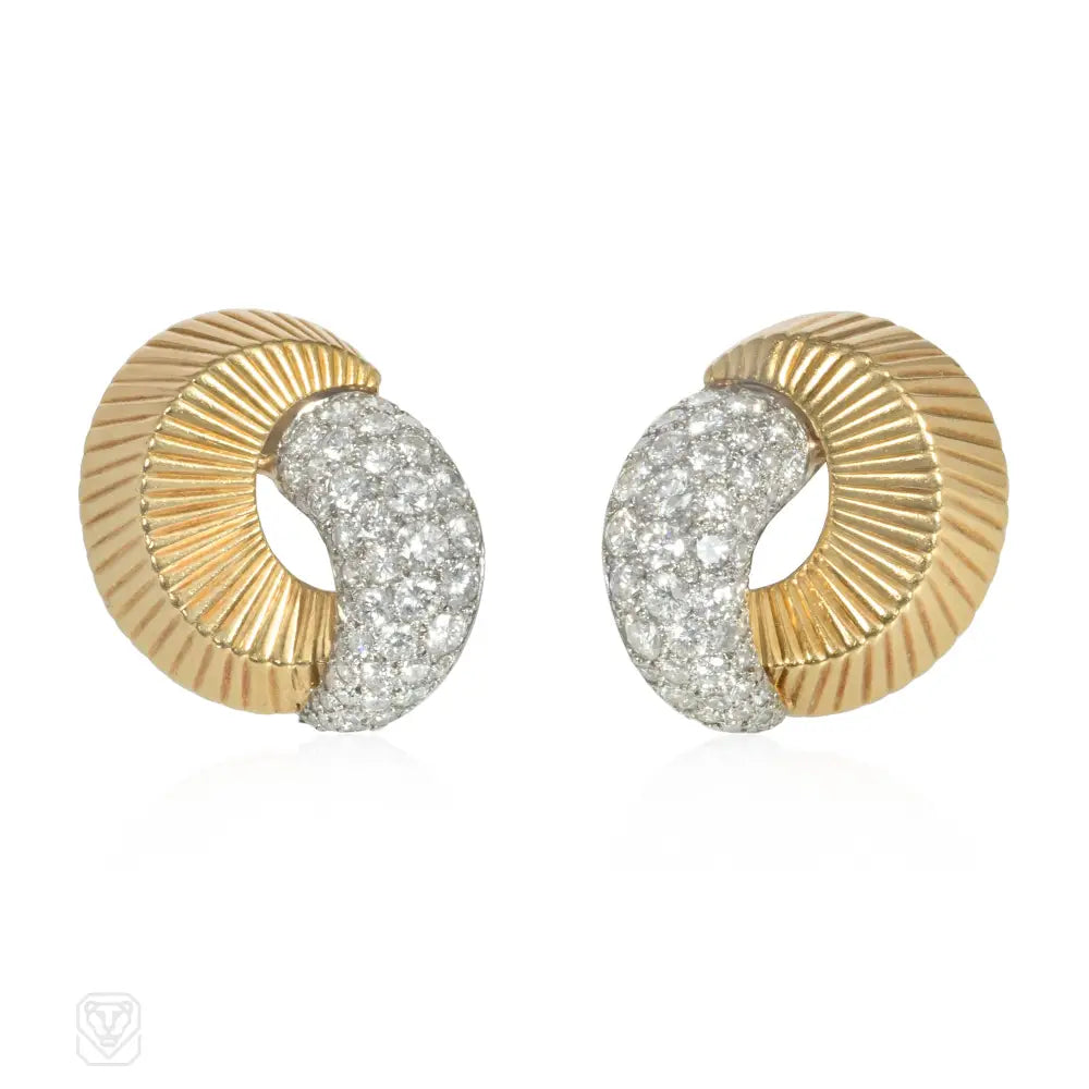 Ladies luxury pearl earrings-Retro Cartier gold and diamond earrings convertible to brooches