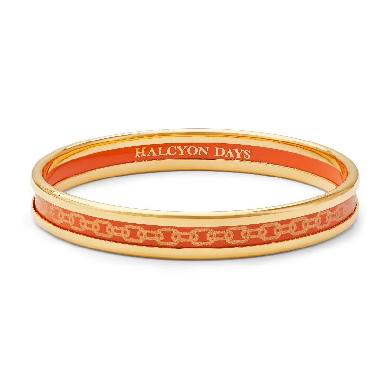 Ladies leather cuff bracelets-Skinny Chain Orange & Gold Enamel Bangle