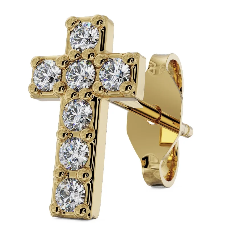 Ladies floral earrings-Diamond Cross 14k Gold Stud Earring