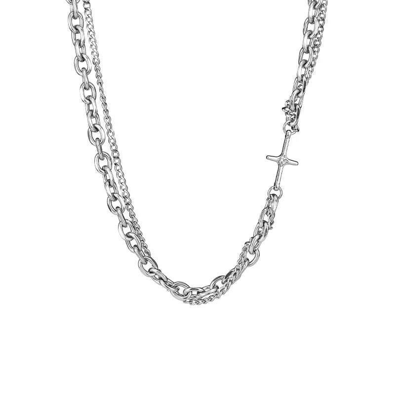 Ladies charm necklace with pendants-Cross Double Layer Chain Necklace | Titanium Steel