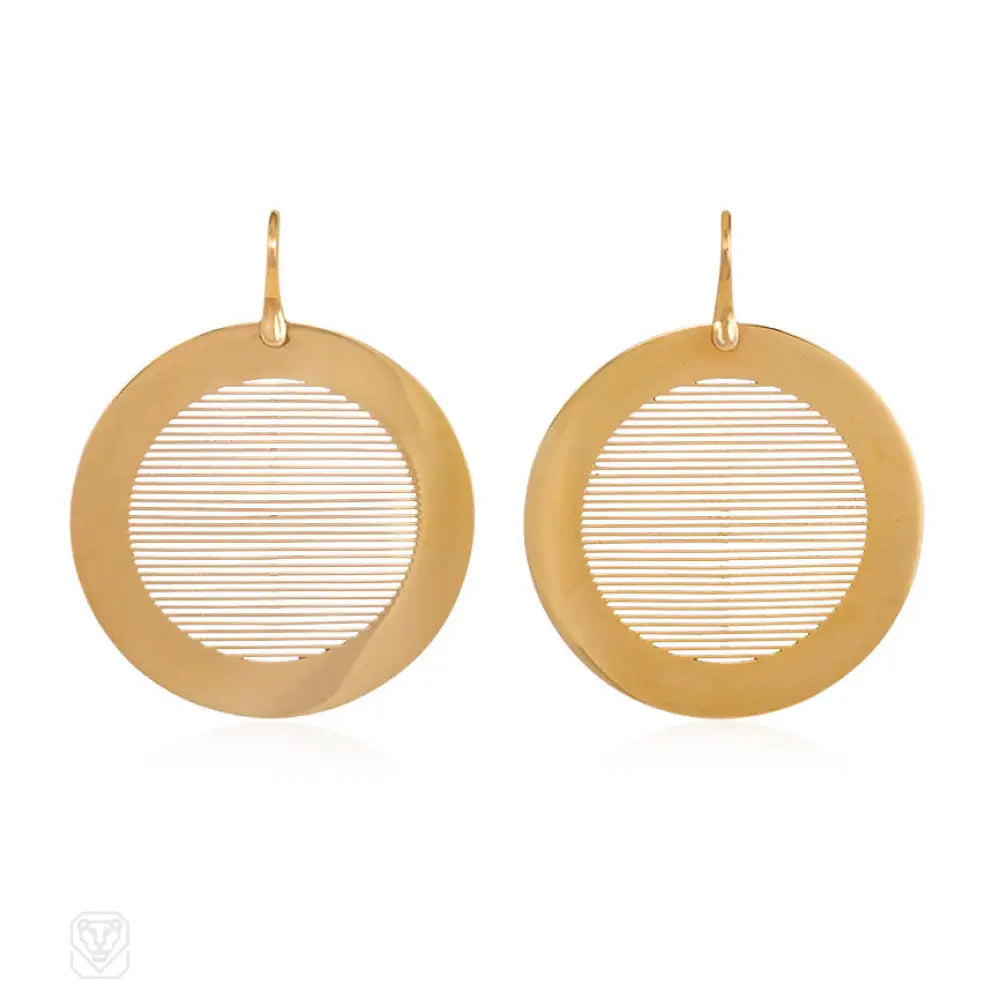 Ladies adjustable earrings-Gold disk pendant earrings, Enigma