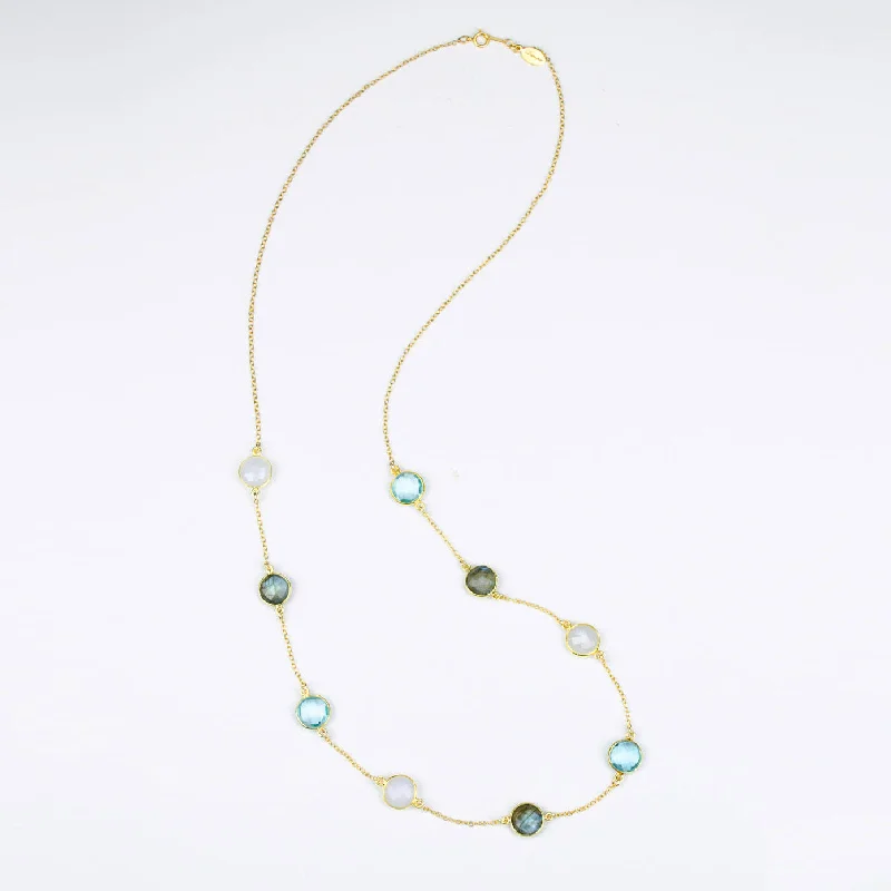 Ladies luxury diamond necklaces-Long Labradorite, Moonstone, Blue Topaz bezel station necklace