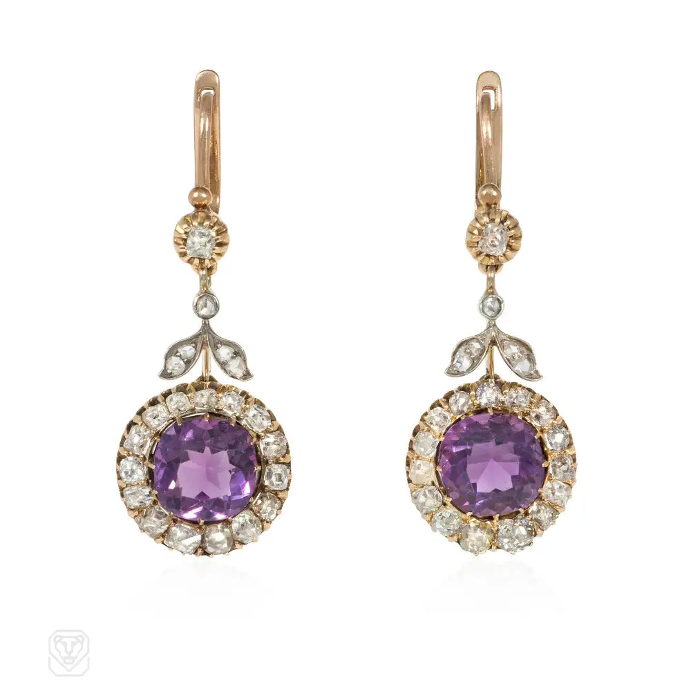 Ladies gemstone earrings-Victorian amethyst and diamond cluster earrings