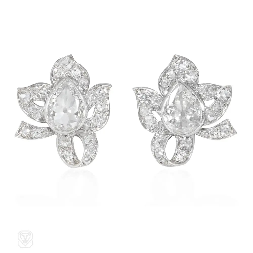 Ladies statement drop earrings-Mid-century diamond stylized leaf form earrings