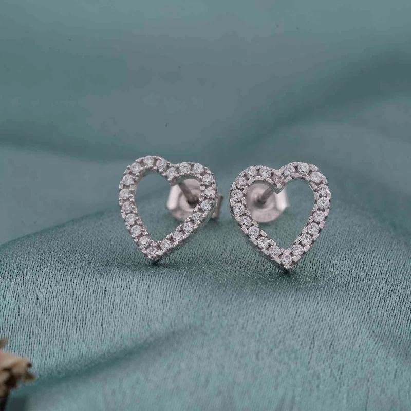 Ladies sterling silver hoop earrings-Silver Zircon Studded Heart Earrings