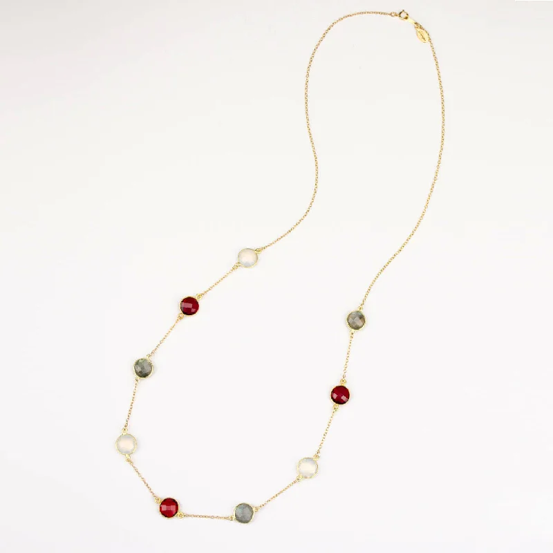 Ladies infinity charm necklaces-Long Garnet, Labradorite, Opalite bezel station necklace