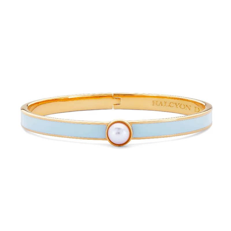 Ladies engraved bangles-Skinny Cabochon Pearl Forget-Me-Not & Gold Bangle