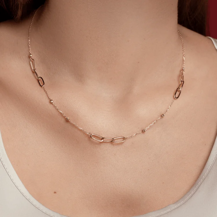 Ladies minimalist gold necklaces-Real Gold Bigger Paper Clip With Beads Balls Choker Necklace 6872 N1341