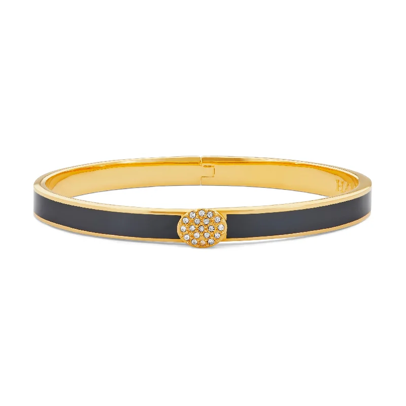 Ladies chunky bracelets-Skinny Pave Button Black & Gold Bangle