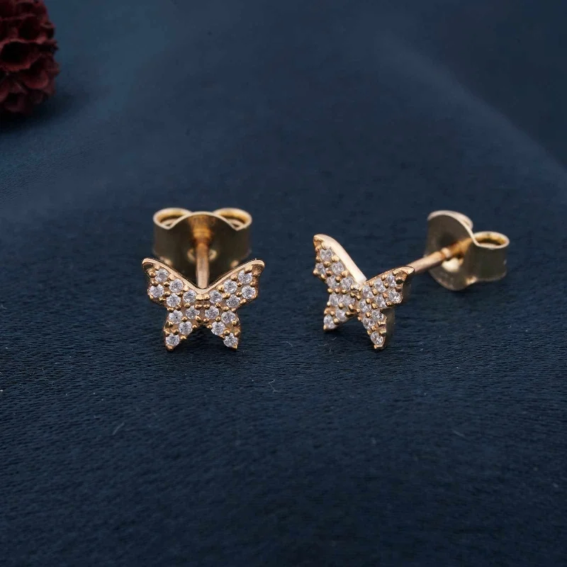 Ladies statement earrings-Golden Butterfly Cubic Zirconia Stud Earrings