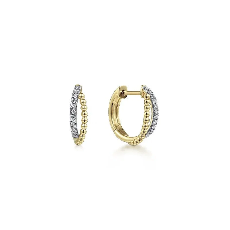 Ladies gemstone earrings-14K Yellow Gold Twisted Pave 10mm Diamond Huggie Earrings